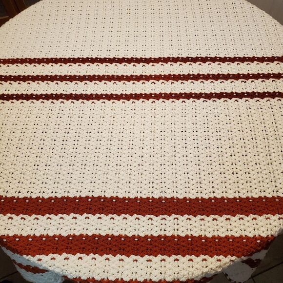 Vintage Handmade Crochet Throw Blanket Off White with Burnt Orange Stripes - Picture 6 of 10